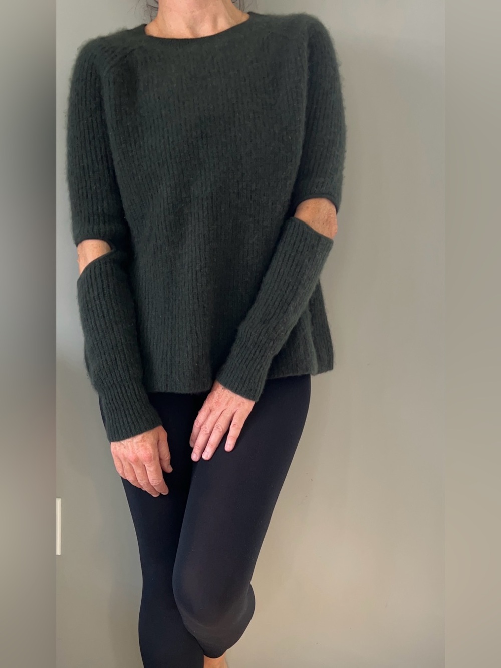 Aqua Dark Green Ribbed Crewneck Sweater with Cutout Thumb Sleeves